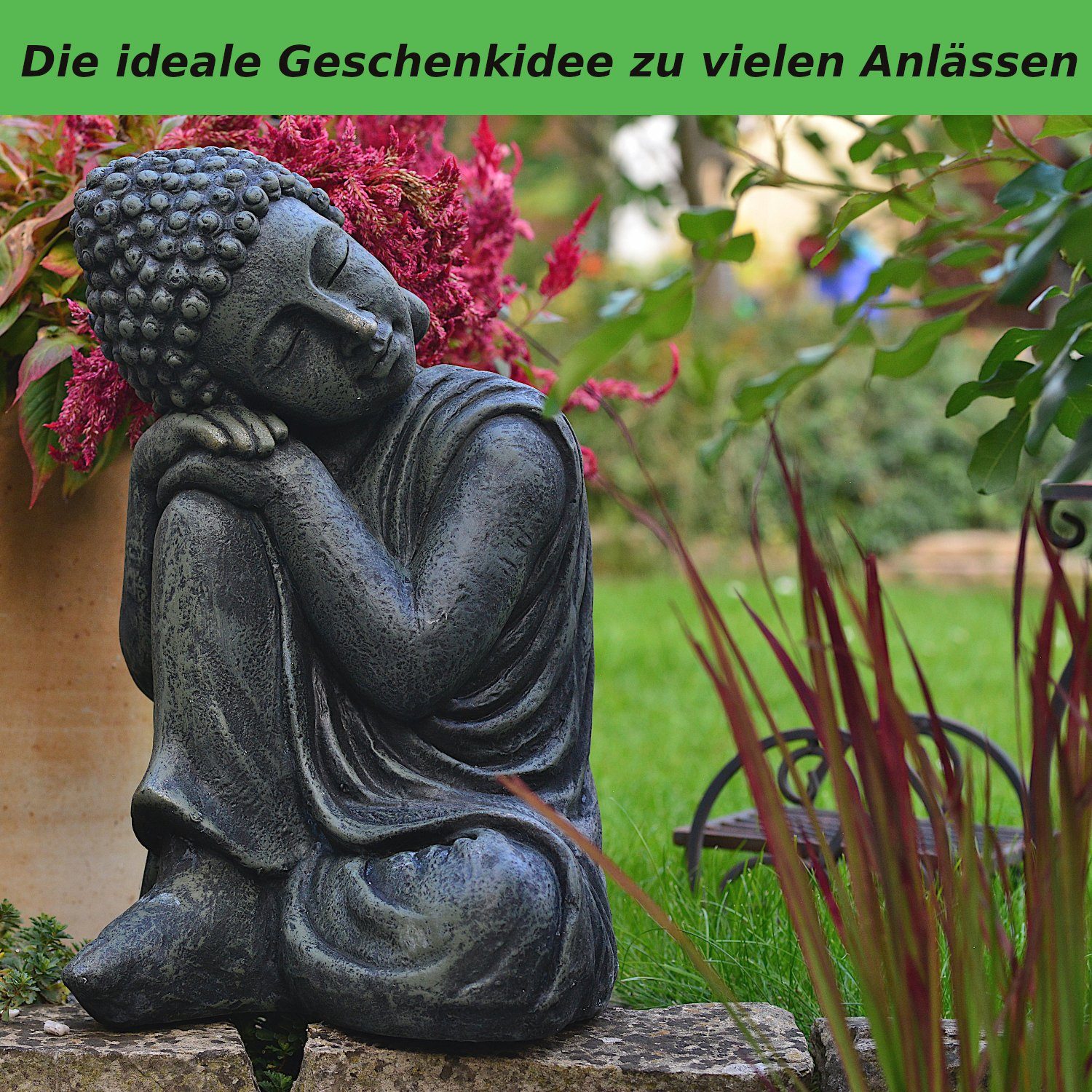INtrenDU Gartenfigur Schlafender Garten Buddha 44cm, wetterfest für Innen und Außen